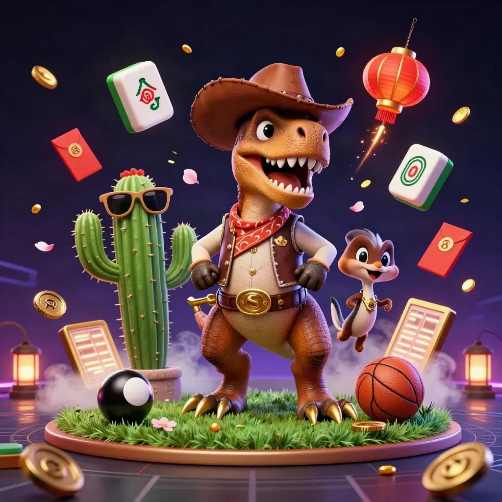 Cartoon T-Rex cowboy, cactus, and roadrunner amid flying sports gear and neon casino effects
