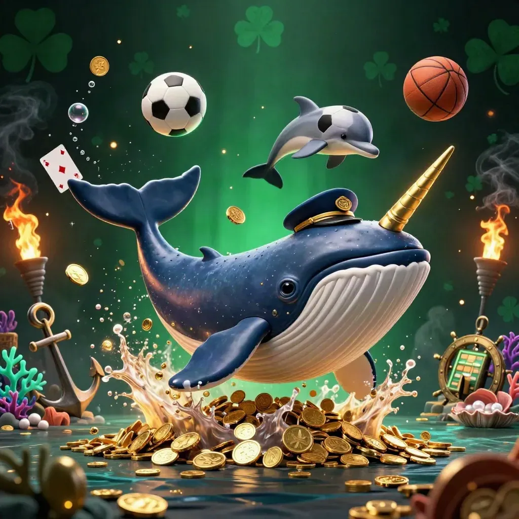Whale, narwhal, and dolphins burst through coins in a neon casino treasure cove.