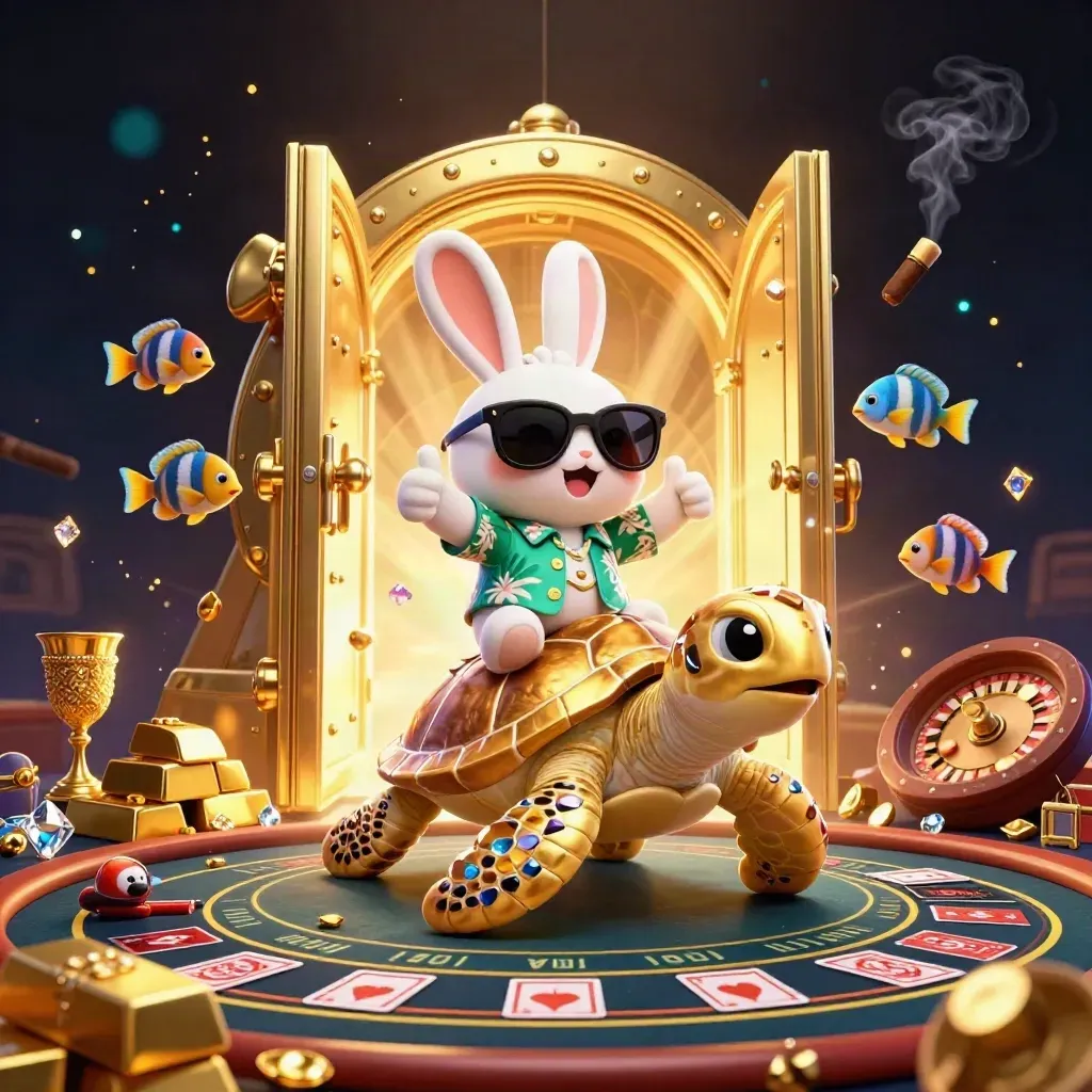 Lucky rabbit rides a golden turtle amid treasure, gems, and casino glow.