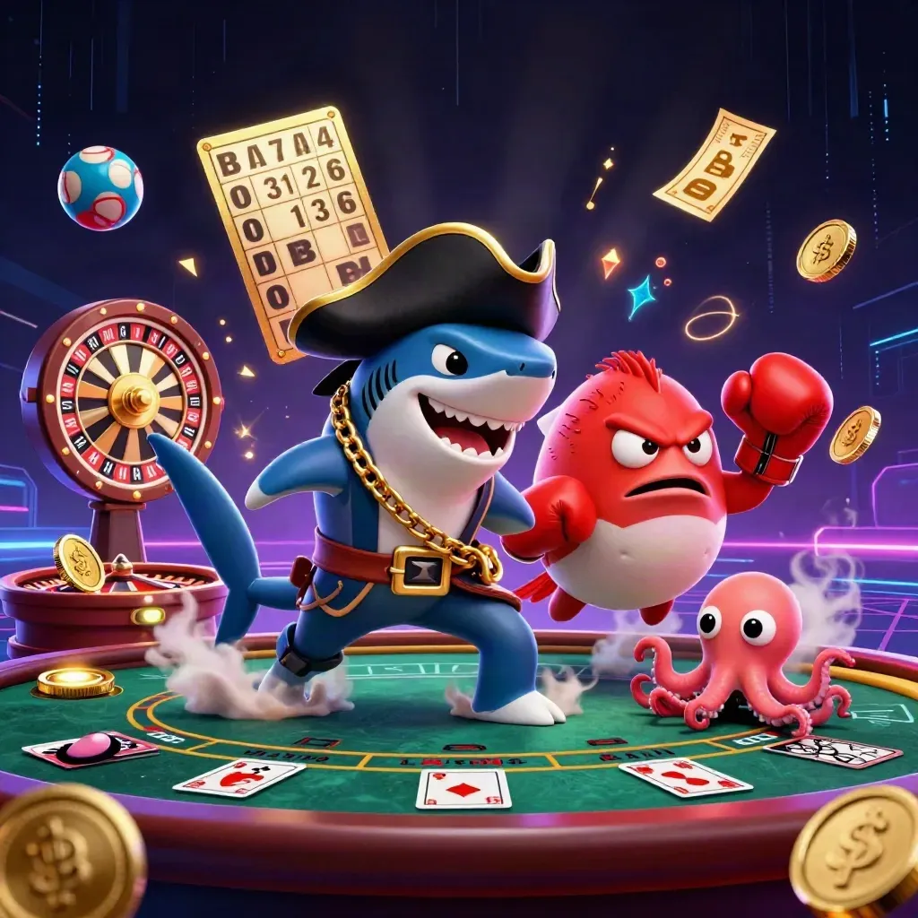 Pirate shark, boxing pufferfish, and juggling octopus in a neon casino splash scene.