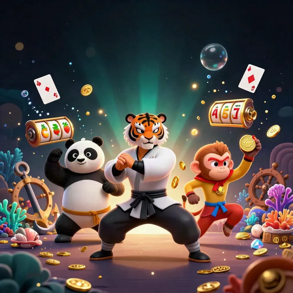 Kung-fu tiger, panda, and monkey amid treasure, coral, cards, and casino glow.