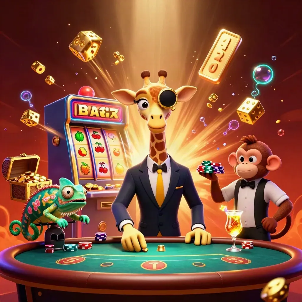 Giraffe high-roller, valet monkey, and chameleon bartender amid exploding casino loot and neon gold