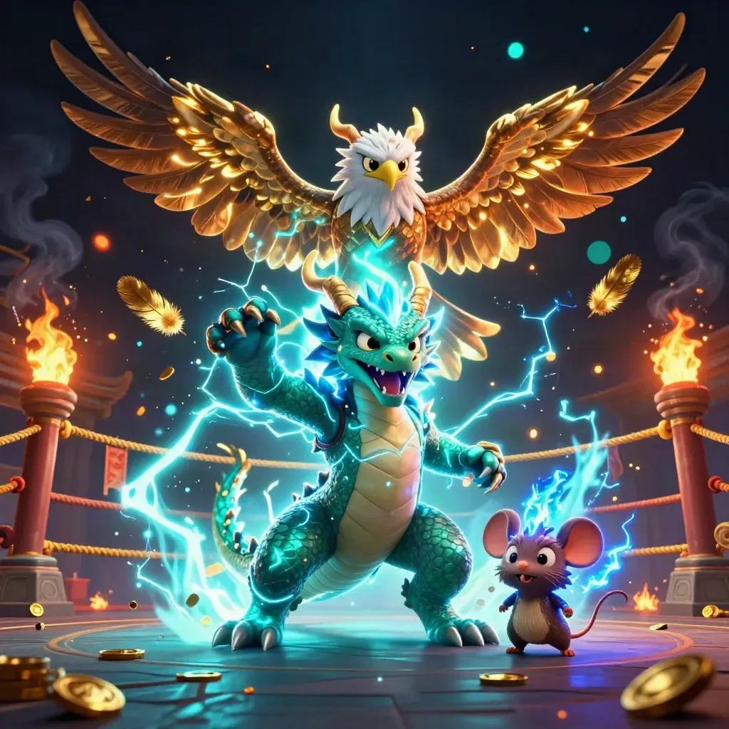 Thunder dragon, wind hawk, and static mouse burst through a temple gate amid gold and cyan sparks.