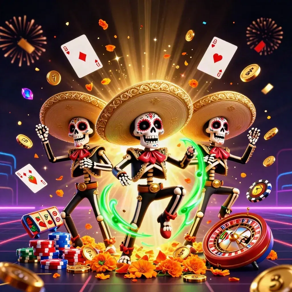 Three skeleton mariachi heroes blast coins, gems, cards, chips, and roulette energy in neon gold.