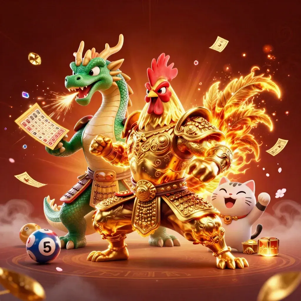 Rooster warrior, dragon hatchling, and fortune-cat burst through casino loot in gold.