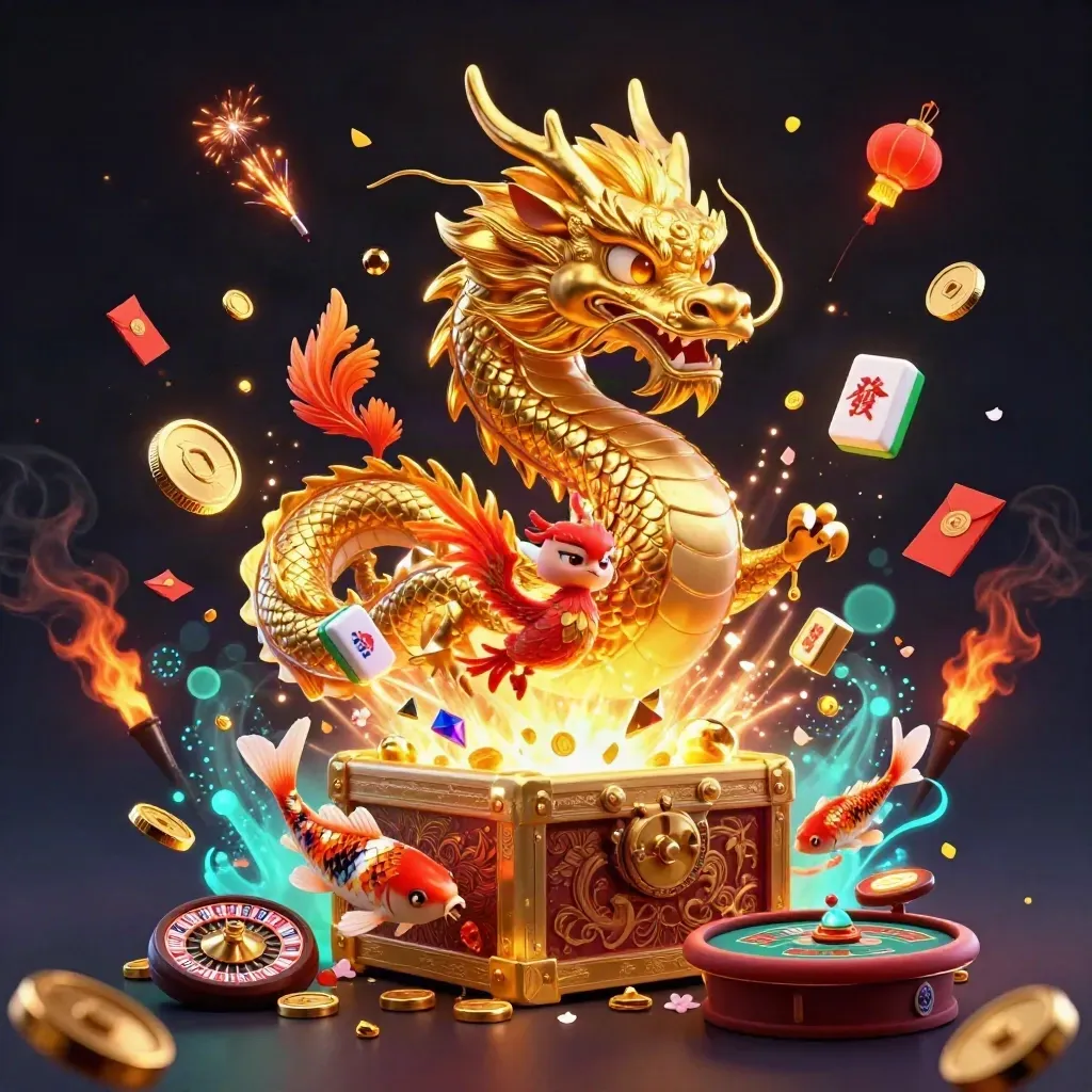 Golden dragon with phoenix and koi amid coins, fireworks, lanterns, and casino table energy