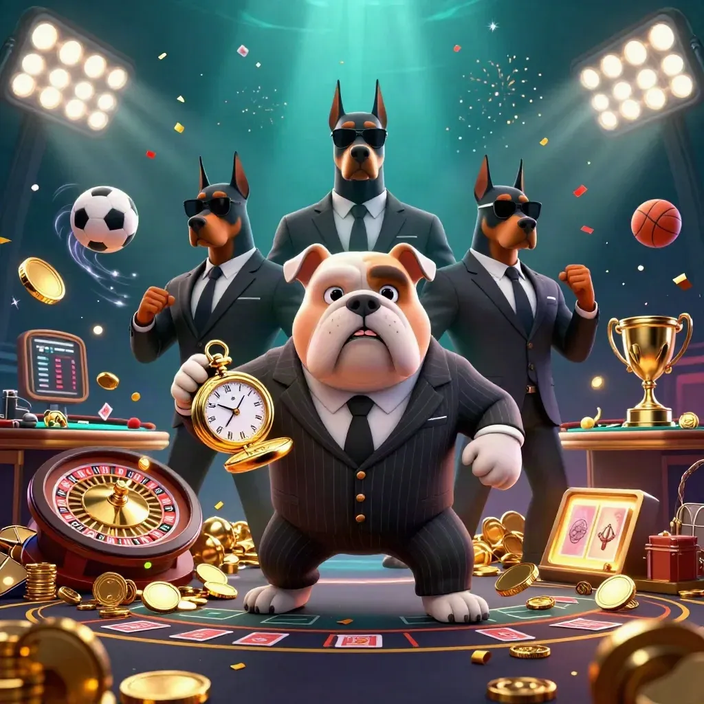 Bulldog crime boss with Doberman guards amid gold coins, sports balls, roulette, and fireworks.
