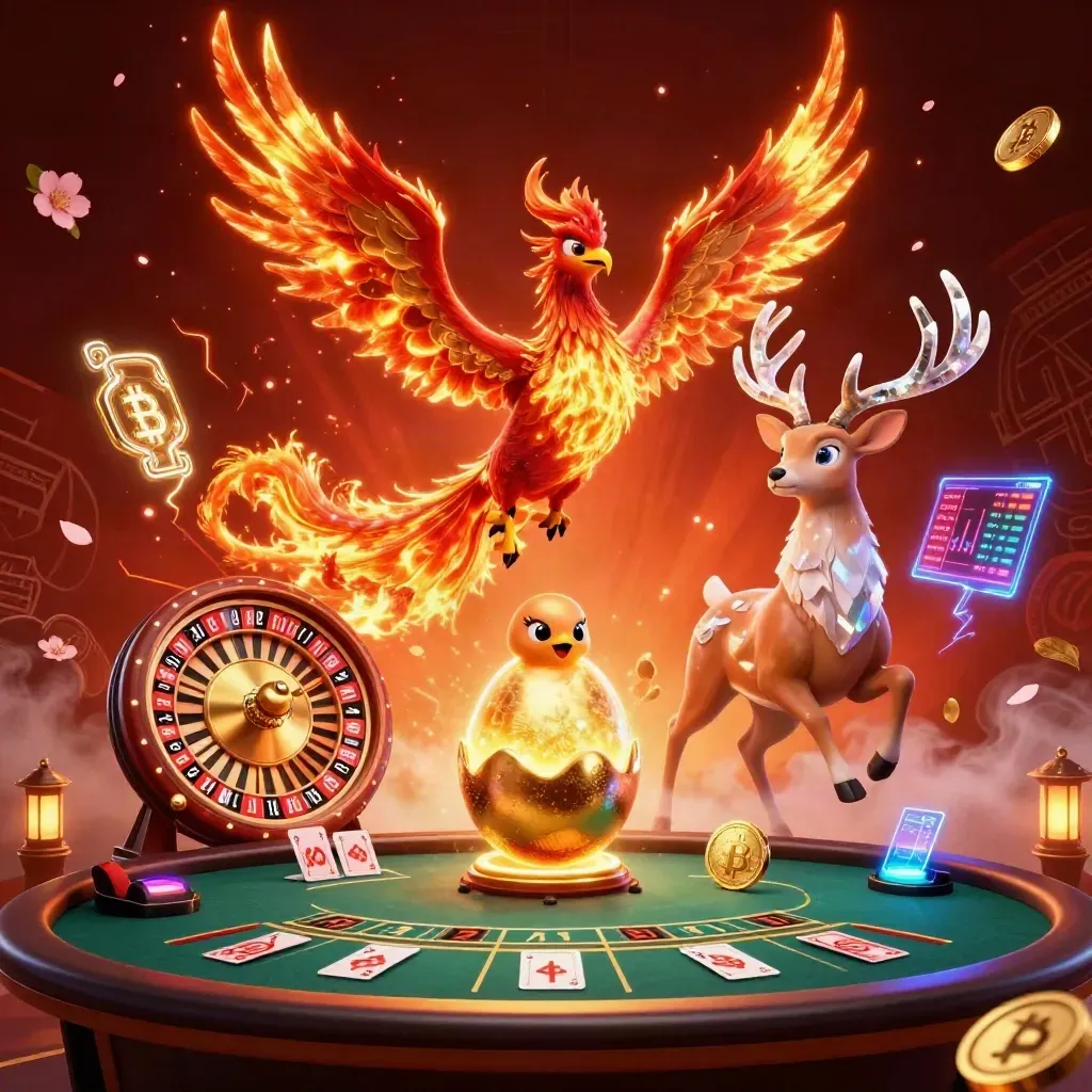 Phoenix, hatching chick, and crystalline stag amid casino coins, fire, and neon effects.