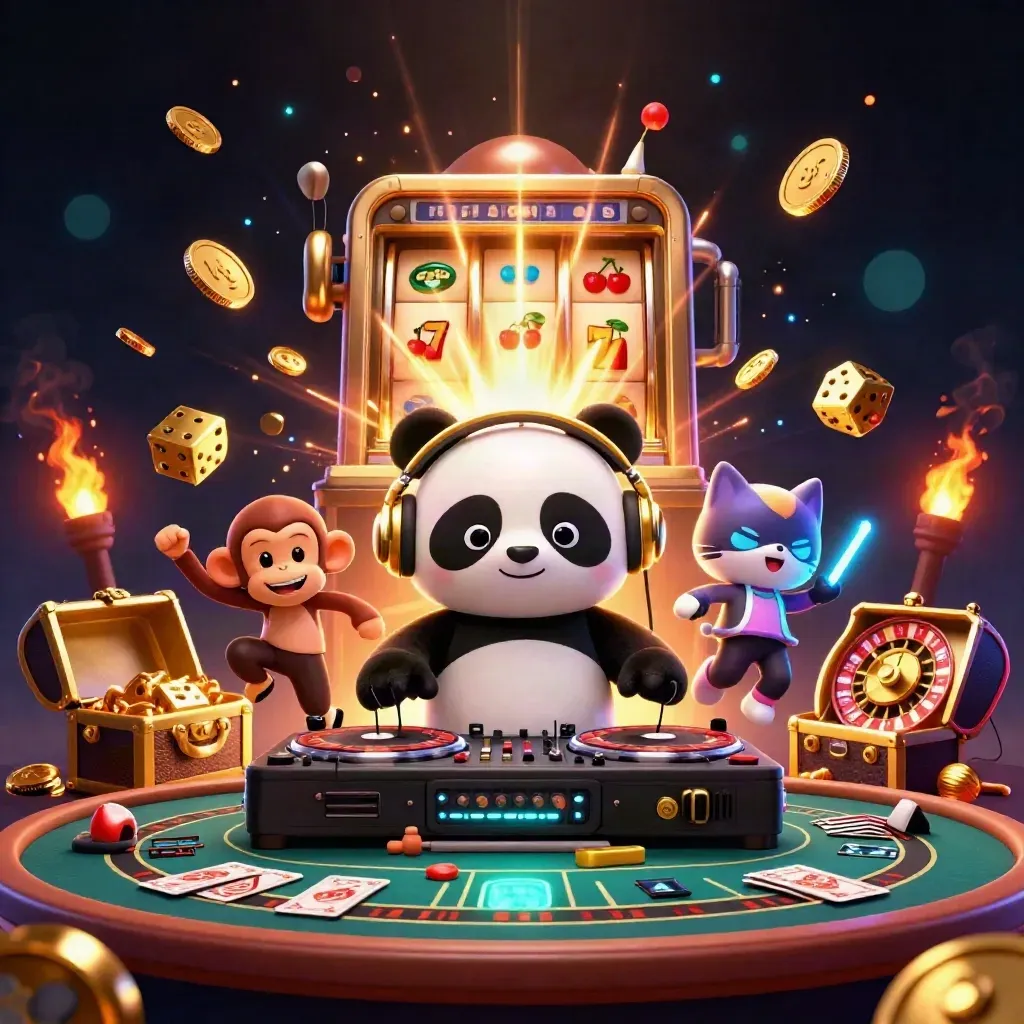 DJ panda, dancing monkey and neon kitten amid jackpot bursts, coins, roulette and treasure