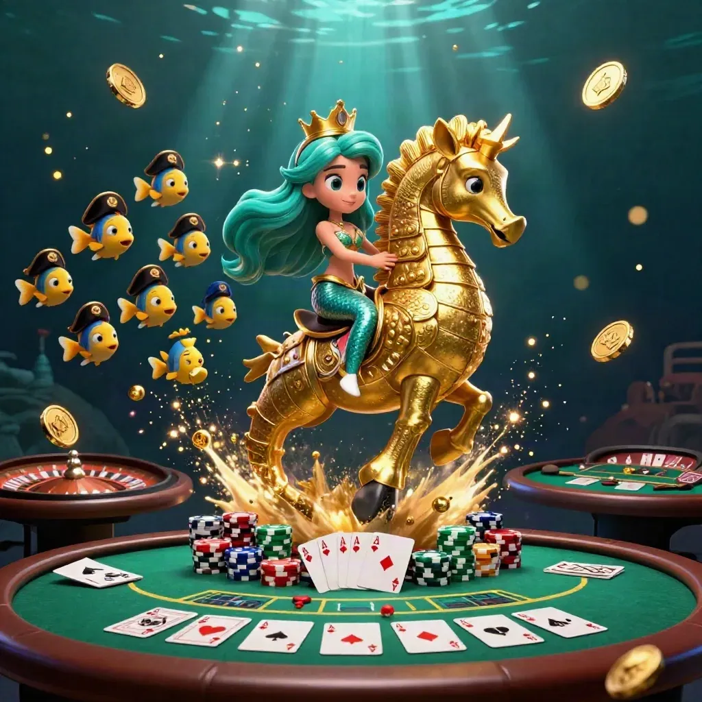Mermaid princess on a golden seahorse amid casino coins, chips, cards, and fireworks underwater.