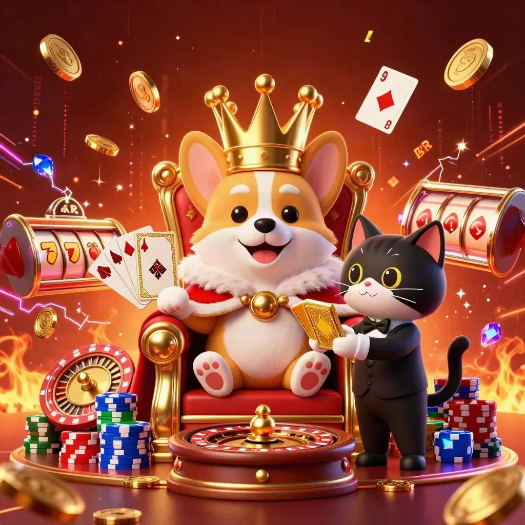 Royal corgi and cat butler amid spinning chips, coins, cards, reels, and neon casino energy.