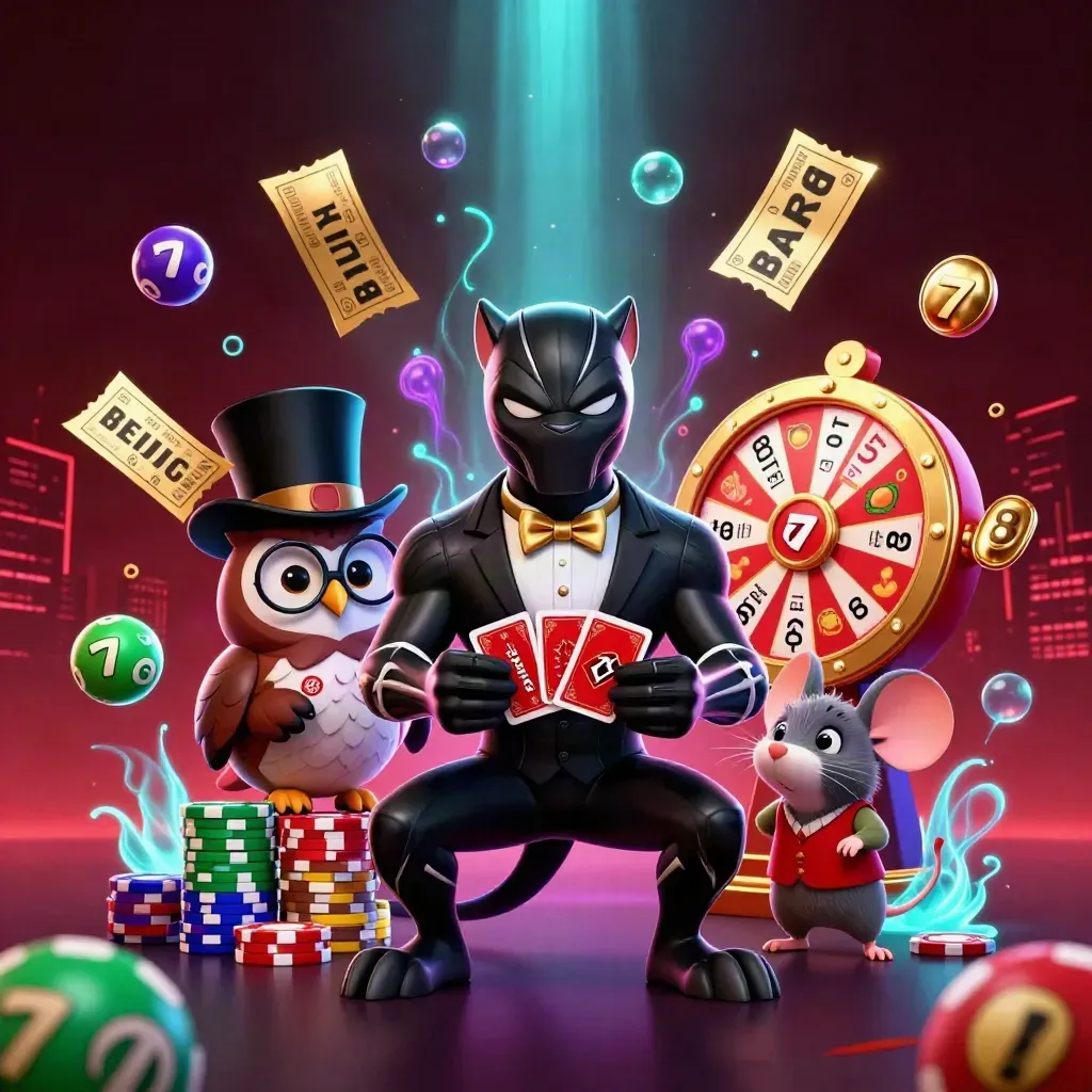 Panther, owl, and mouse casino heroes amid chips, reels, tickets, and glowing prize effects