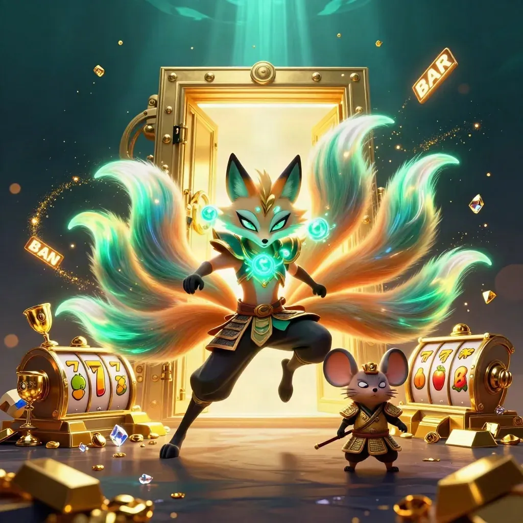 Nine-tailed fox spirit and armored mouse amid vault glow, gold, gems, reels and neon casino light