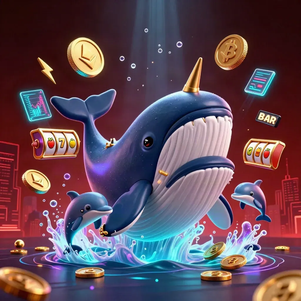Whale captain, narwhal, and dolphins amid casino coins, glowing crypto icons, and neon underwater effects.