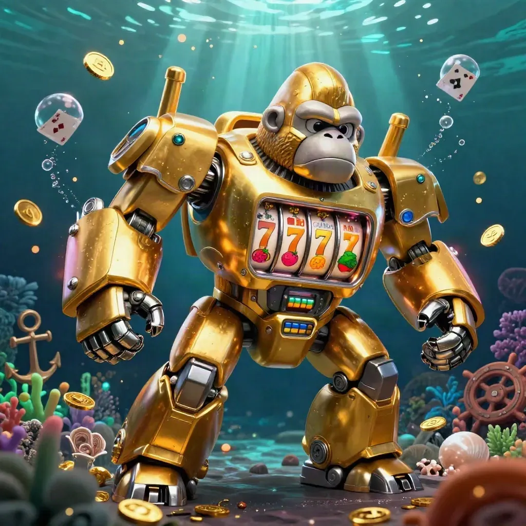 Golden gorilla slot mech with tiny pilot in an underwater treasure cove, reels spinning, coins and cards flying