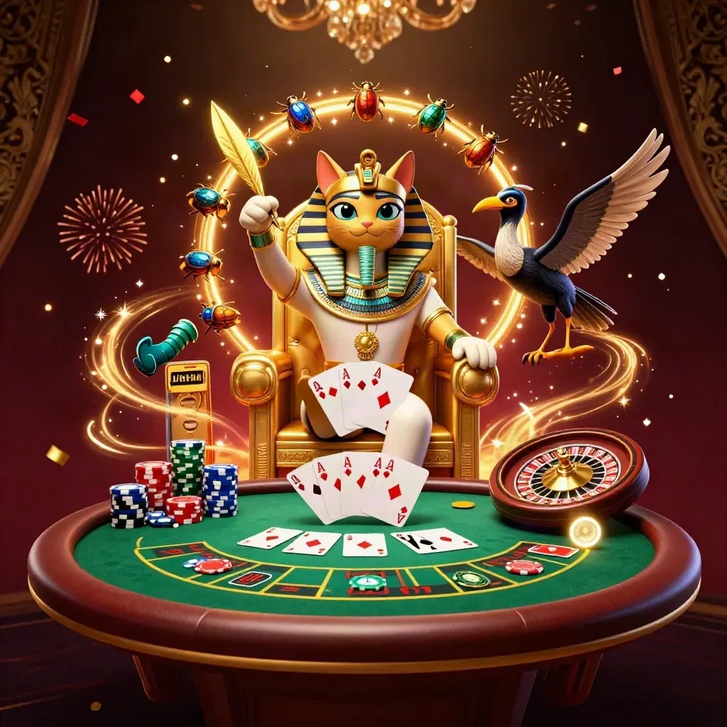Pharaoh cat throne scene with ibis scribe, scarabs, poker chips, cards, roulette, and casino glow