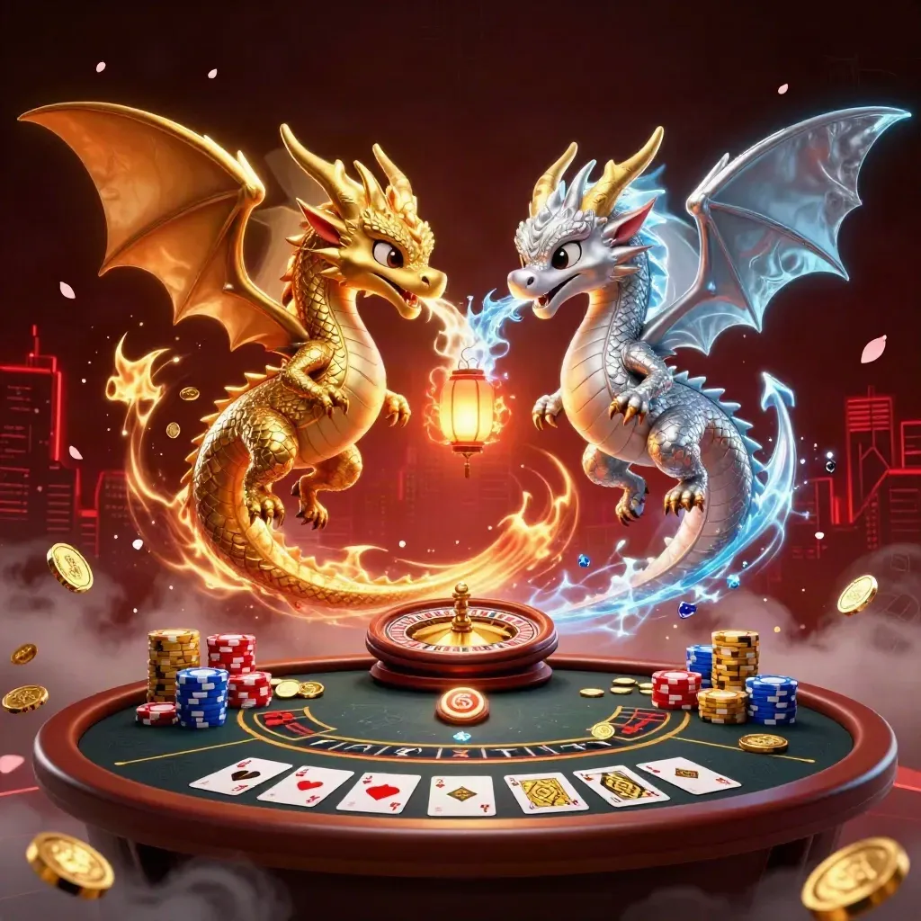Gold and silver dragons spiral around casino chips, cards, coins, and a lantern spirit.