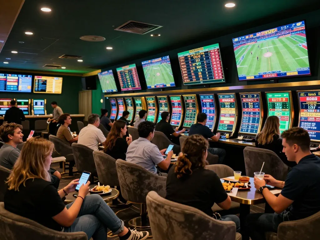 Active sports betting atmosphere at RR99 with bettors analyzing odds and placing wagers