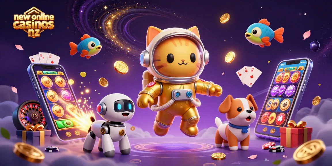 Experience excitement at new online casinos nz with a vibrant 3D illustration of casino games and characters.
