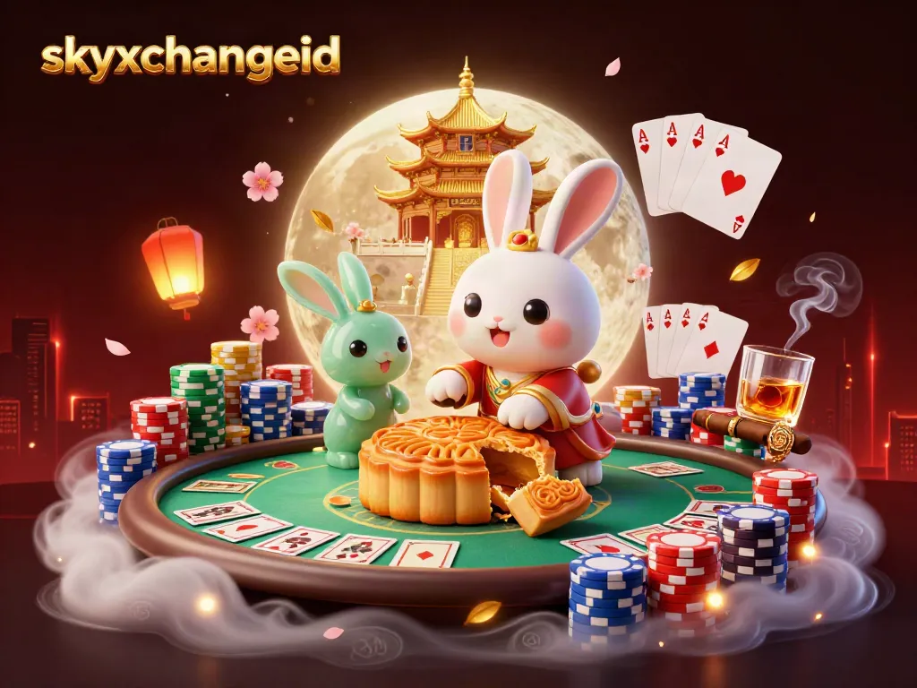 Experience excitement with skyxchangeid as the moon rabbit reveals poker chips amid a vibrant casino theme.