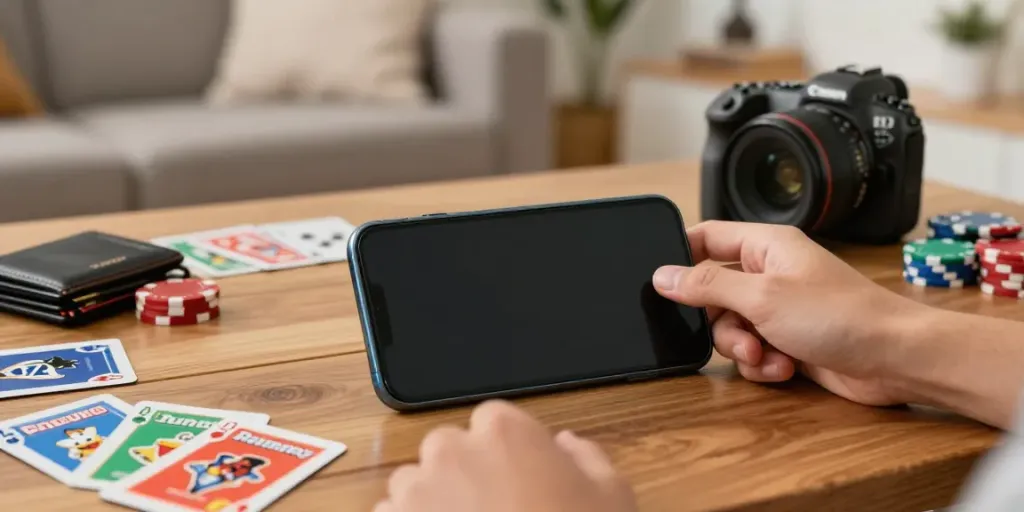 Engaging scene of a player using the Rumble Rummy app, surrounded by colorful gaming elements.