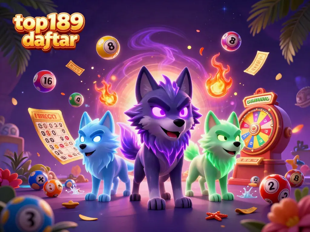 Engage with top189 daftar through a vibrant 3D casino illustration showcasing exciting lottery elements and ghostly wolves.