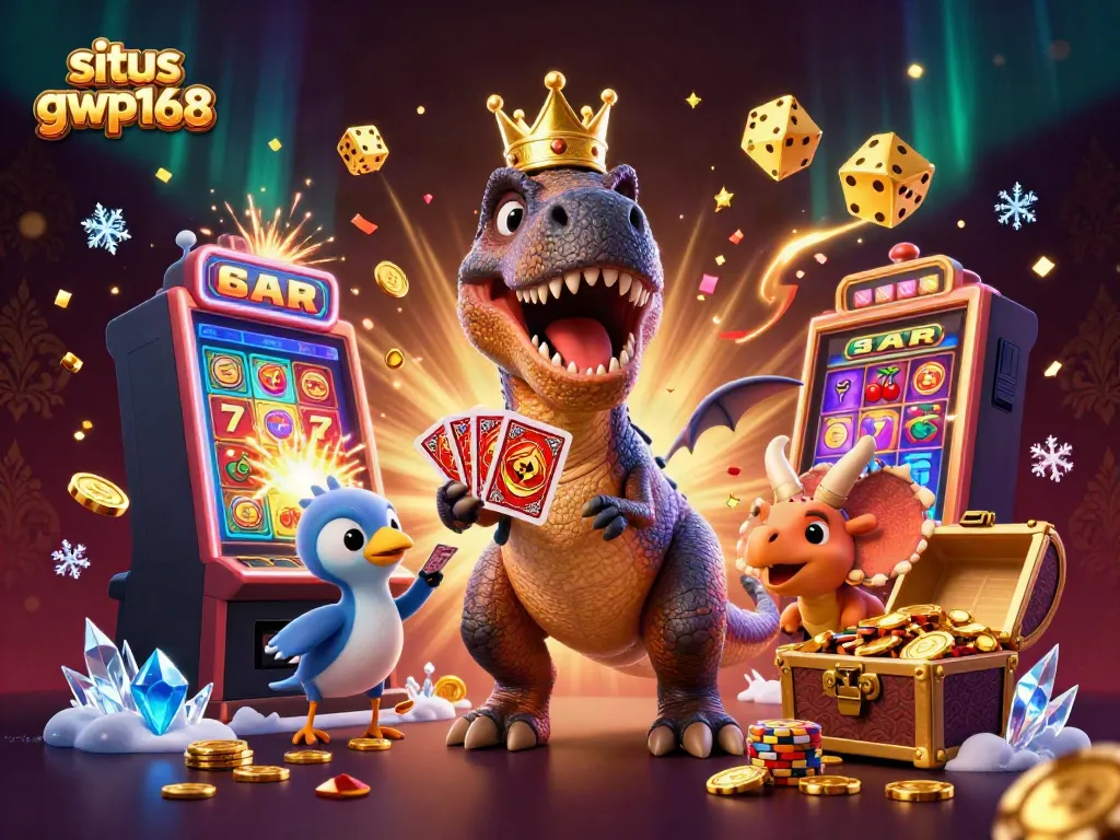 Gambarkan situs gwp168 melalui ilustrasi kasino 3D dengan dinosaurus dan simbol slot yang menakjubkan.