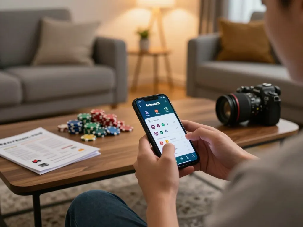 Engaging with Betmen138 app for mobile gaming in a cozy living room.