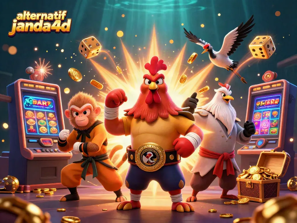 Menggenggam kemenangan dengan alternatif janda4d, simbol slot dan karakter unik bersinar di latar belakang