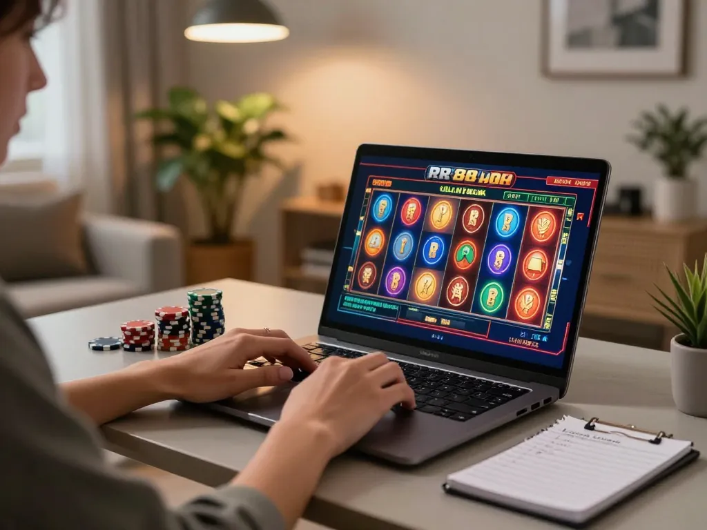 Playing online slots on the RR88 apk while enjoying a cozy home gaming setup.