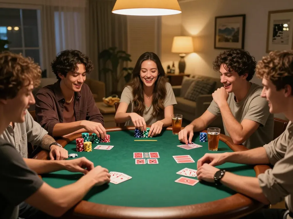 Mega888 Premium gaming night with friends playfully competing in poker, vibrant chips and cards enhancing the experience.