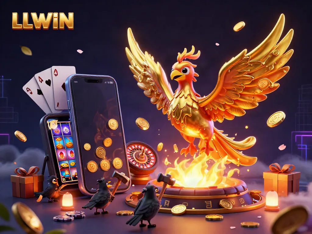 Engage with LLWIN's dynamic casino universe featuring a golden phoenix, slot game, and festive elements.