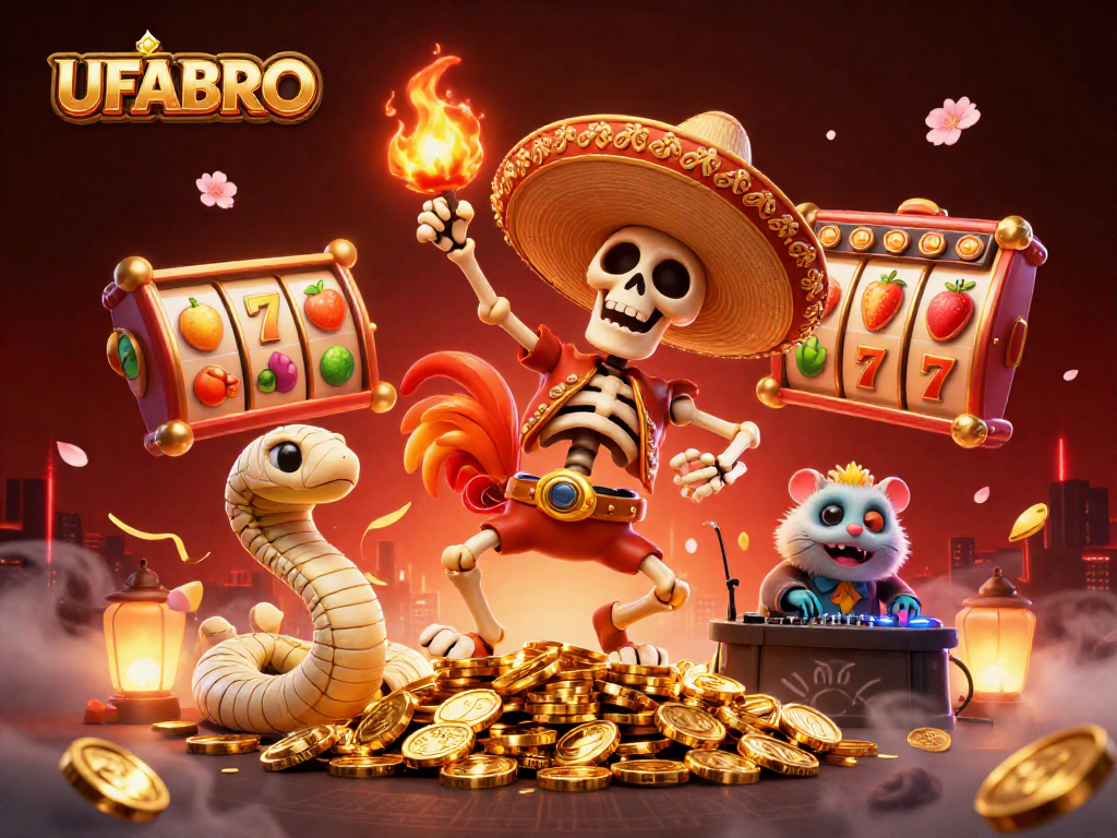 Engage in dynamic gameplay at UFABRO with fantasy characters celebrating on a treasure of coins.