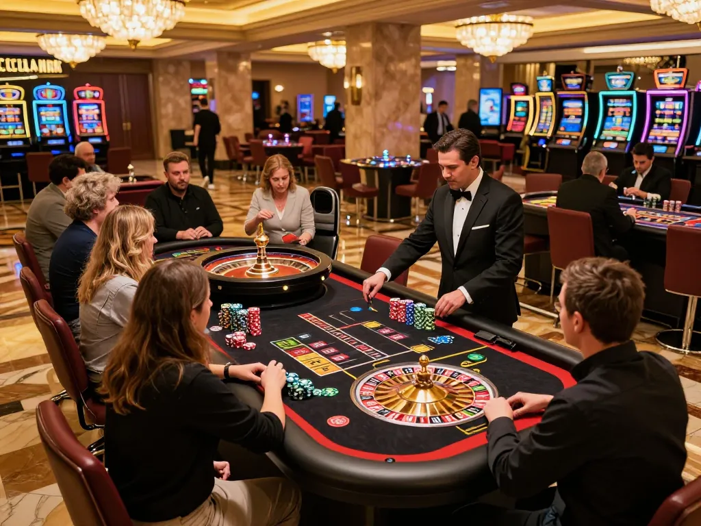 Kegembiraan roulette WOLES88 dengan pemain bersorak dan chip berwarna-warni tersusun rapi.