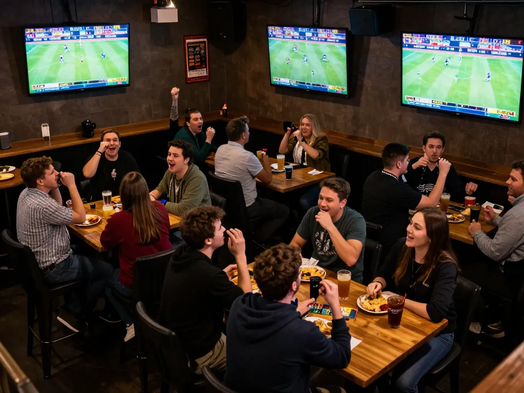 Cakhiatv sports betting excitement with friends discussing bets in a lively sports bar setting.