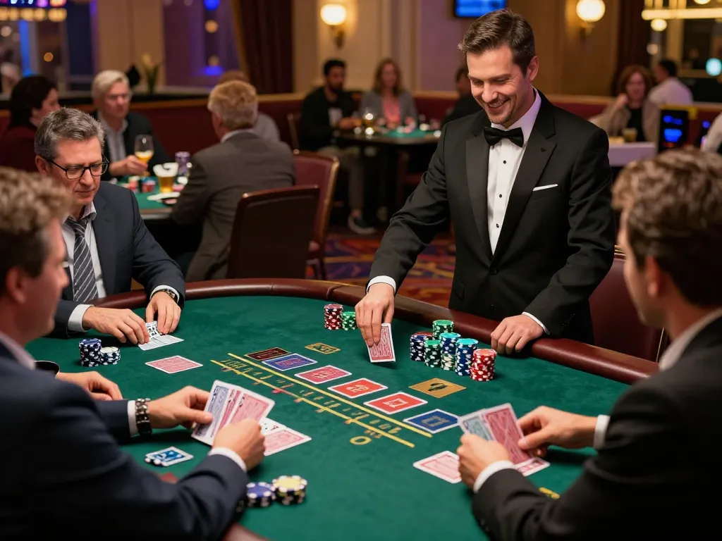 Players engaging in strategic blackjack gameplay at RUANGWD casino table with colorful chips and cards.