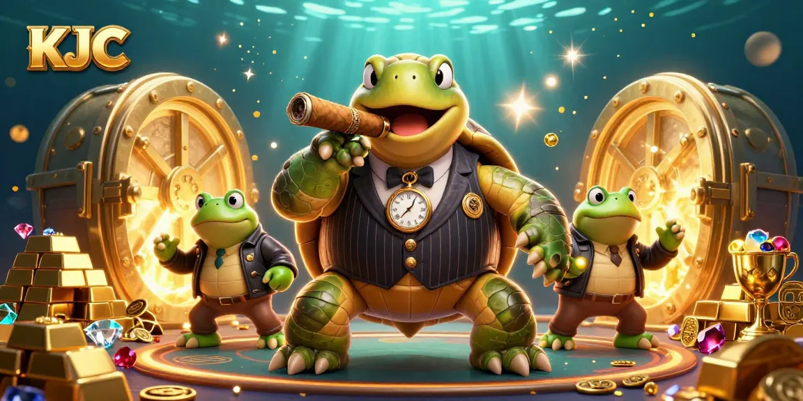 KJC presents a dazzling casino scene with a snapping turtle mobster and bullfrog enforcers amidst gold treasures.