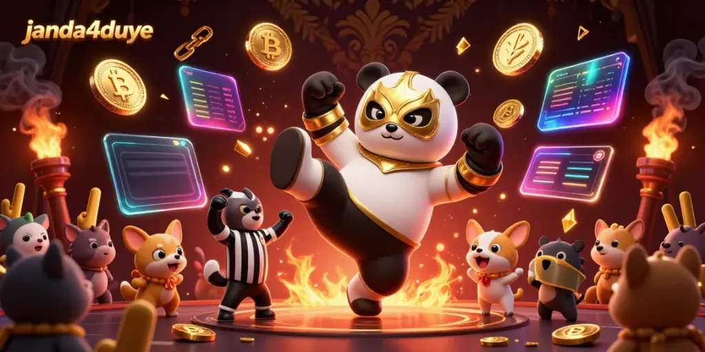 janda4duye menghadirkan panda pegulat yang melompat dan kru hewan dalam arena permainan yang semarak