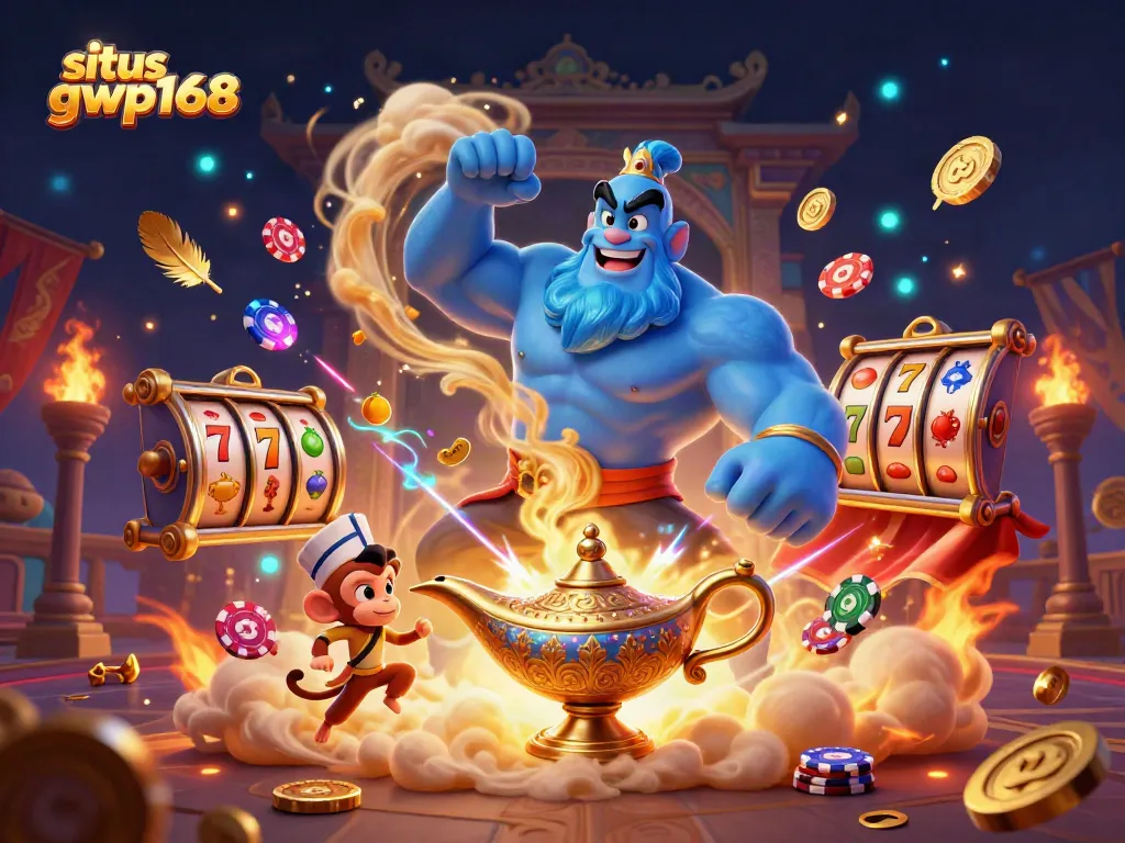 Situs gwp168 menampilkan ilustrasi kasino dengan jin biru, koin emas, dan simbol permainan.