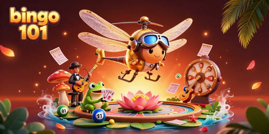 Engage with bingo 101 in a vibrant fantasy scene with a dragonfly pilot and frog croupier.