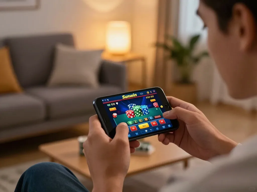 Sunwin player engaging with mobile casino app revealing exciting betting options in a cozy setup.
