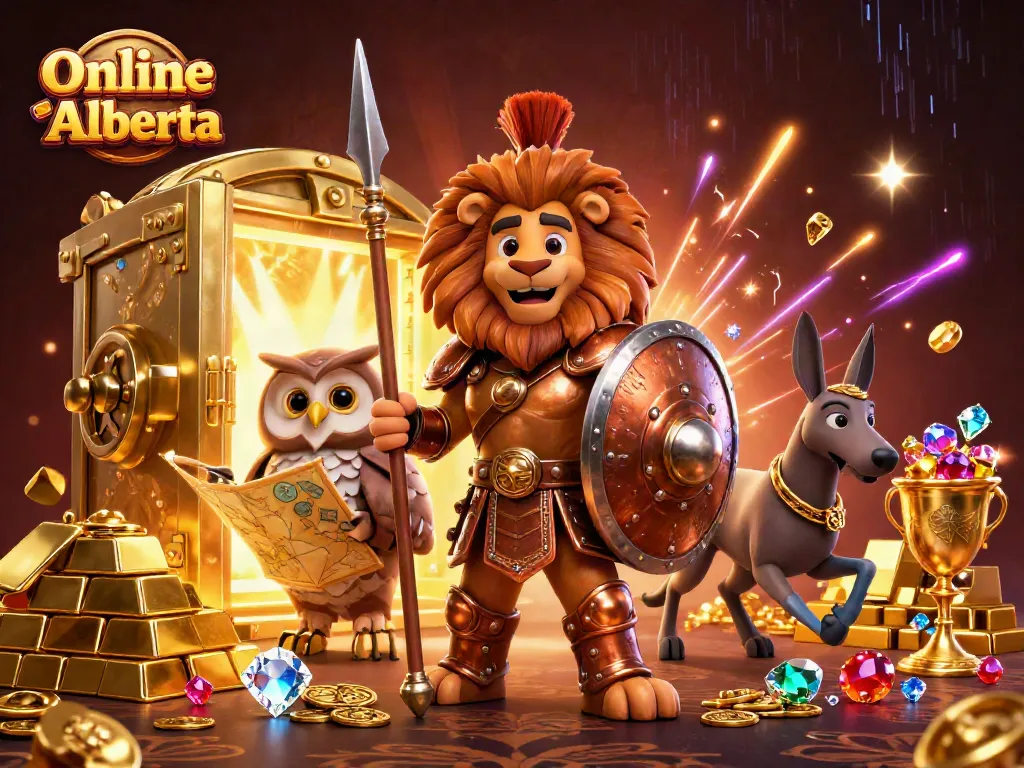 Engage with premium games at Online Casino Alberta, surrounded by golden treasures and vibrant animations.
