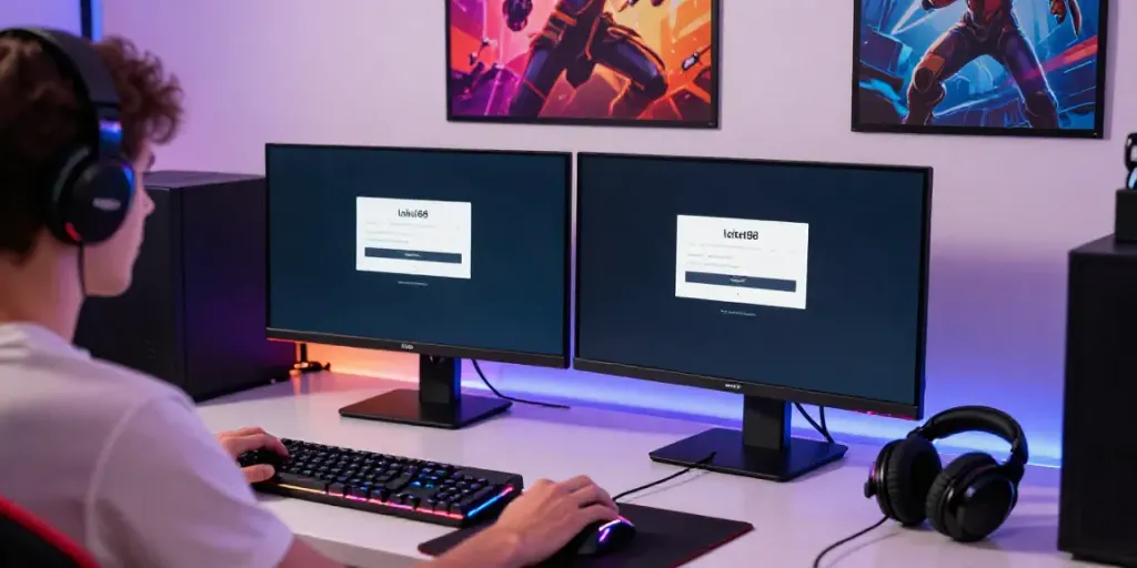 Exciting gaming environment highlighting loket88 login on dual monitors.