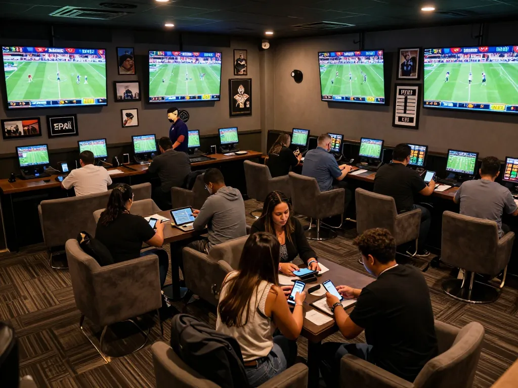 Soi kèo nhà cái hôm nay with excited patrons placing bets in a vibrant sports betting lounge.