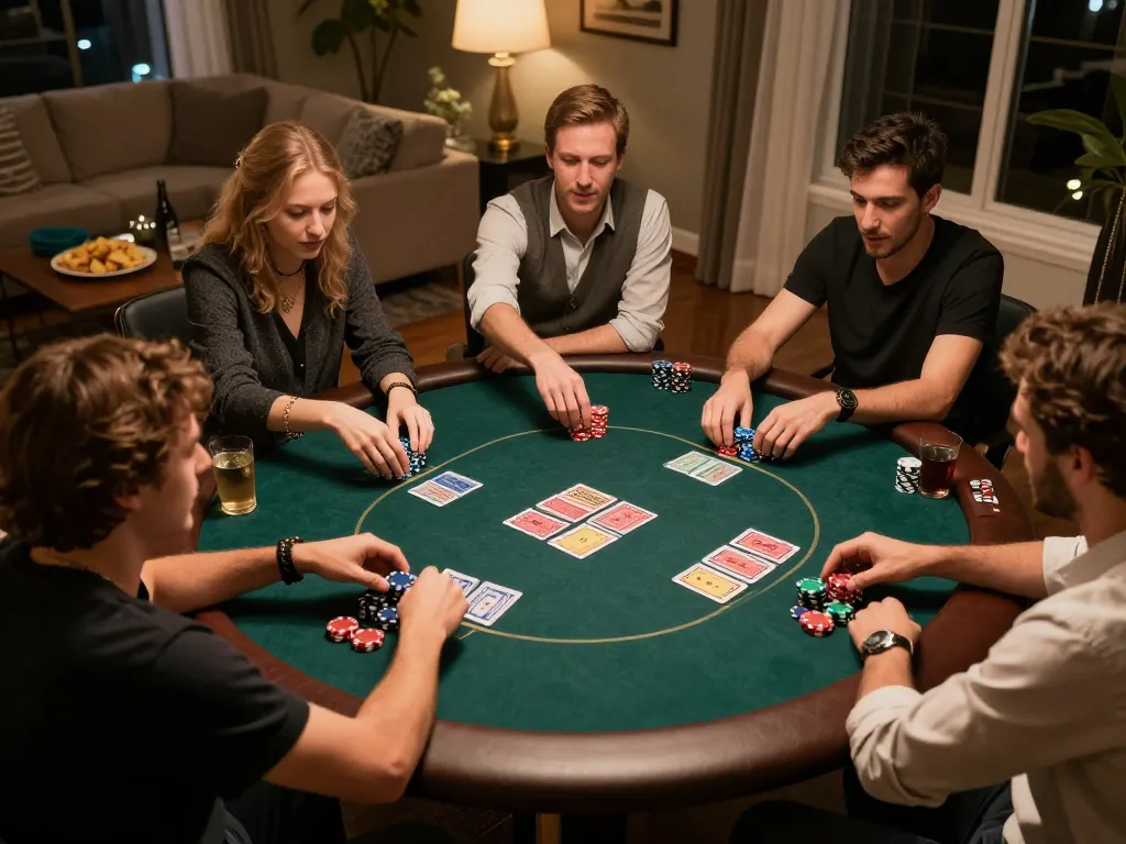Engaging in a strategic đăng ký for online poker session with friends at home, capturing the thrill of gambling.