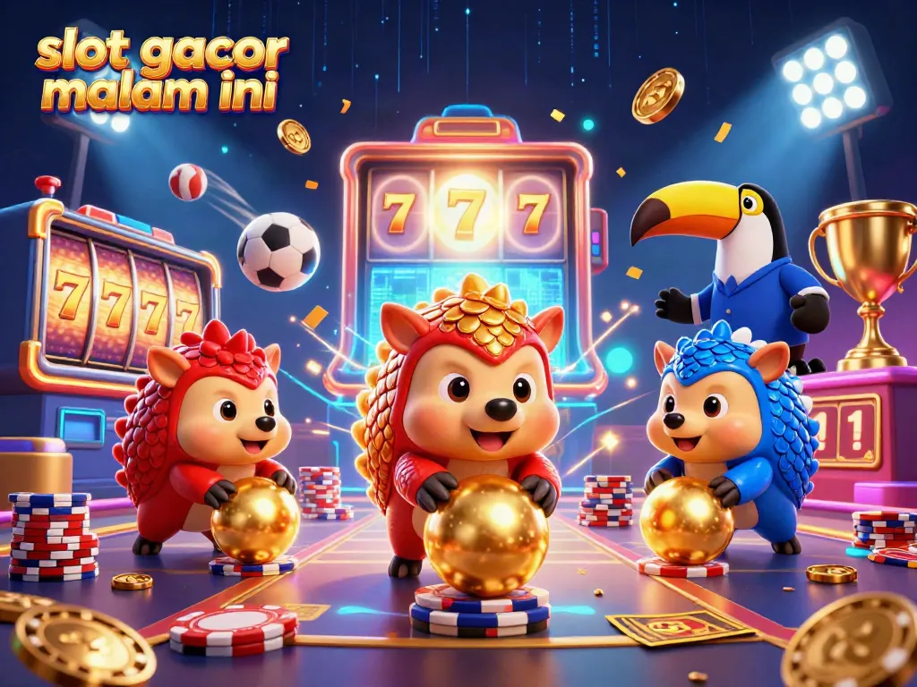 Melihat slot gacor malam ini dengan pangolin berwarna-warni dan elemen kasino yang meriah.