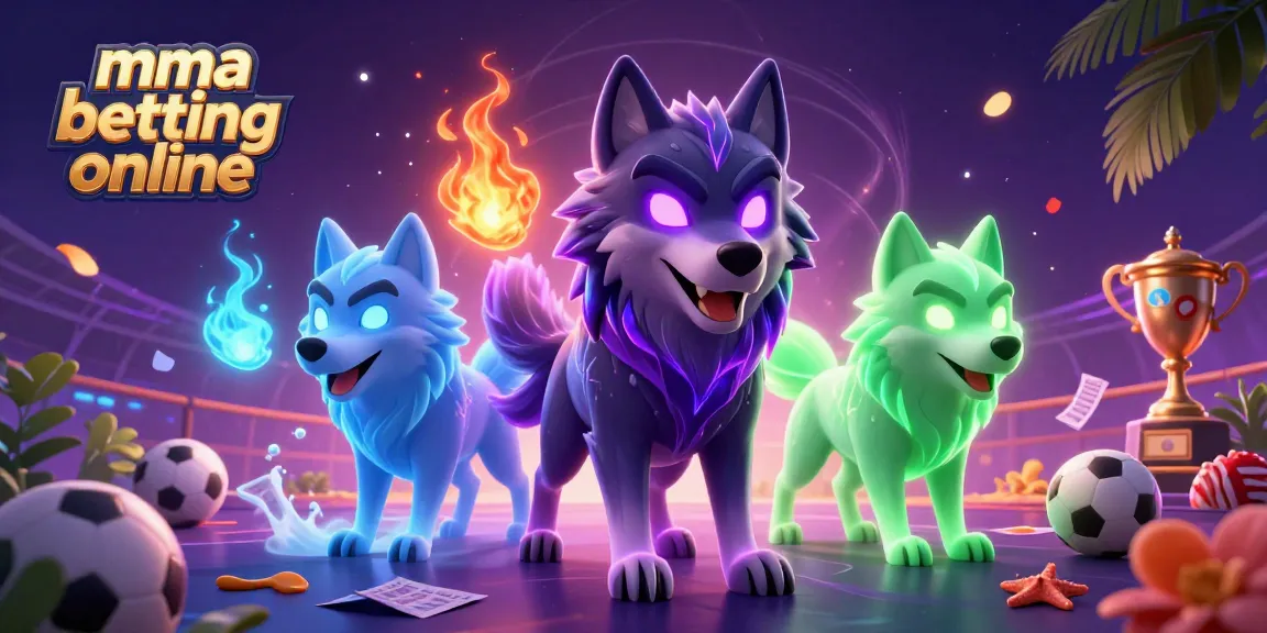 MMA betting online scene showcasing energetic wolf characters amid sports balls, betting slips, and vibrant colors.
