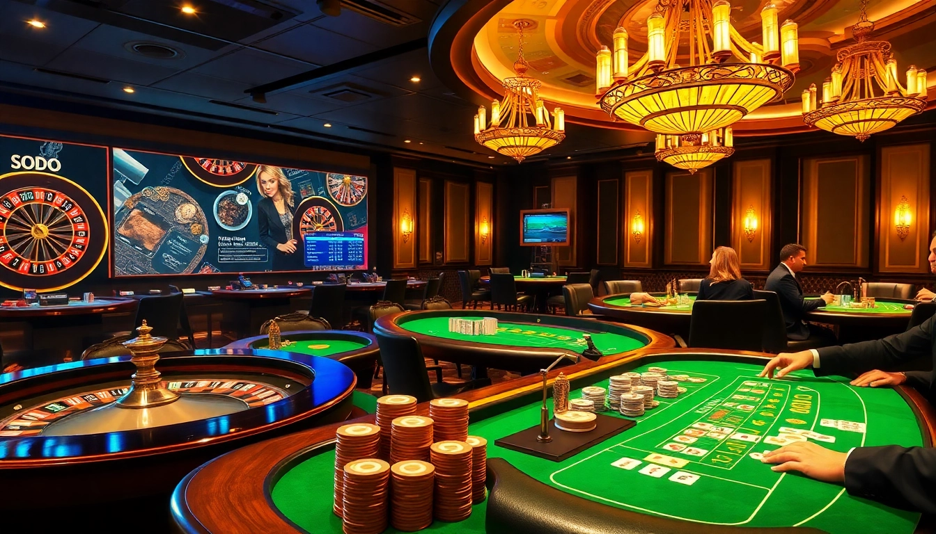 SODO casino atmosphere showcasing players at tables and vibrant gaming elements.