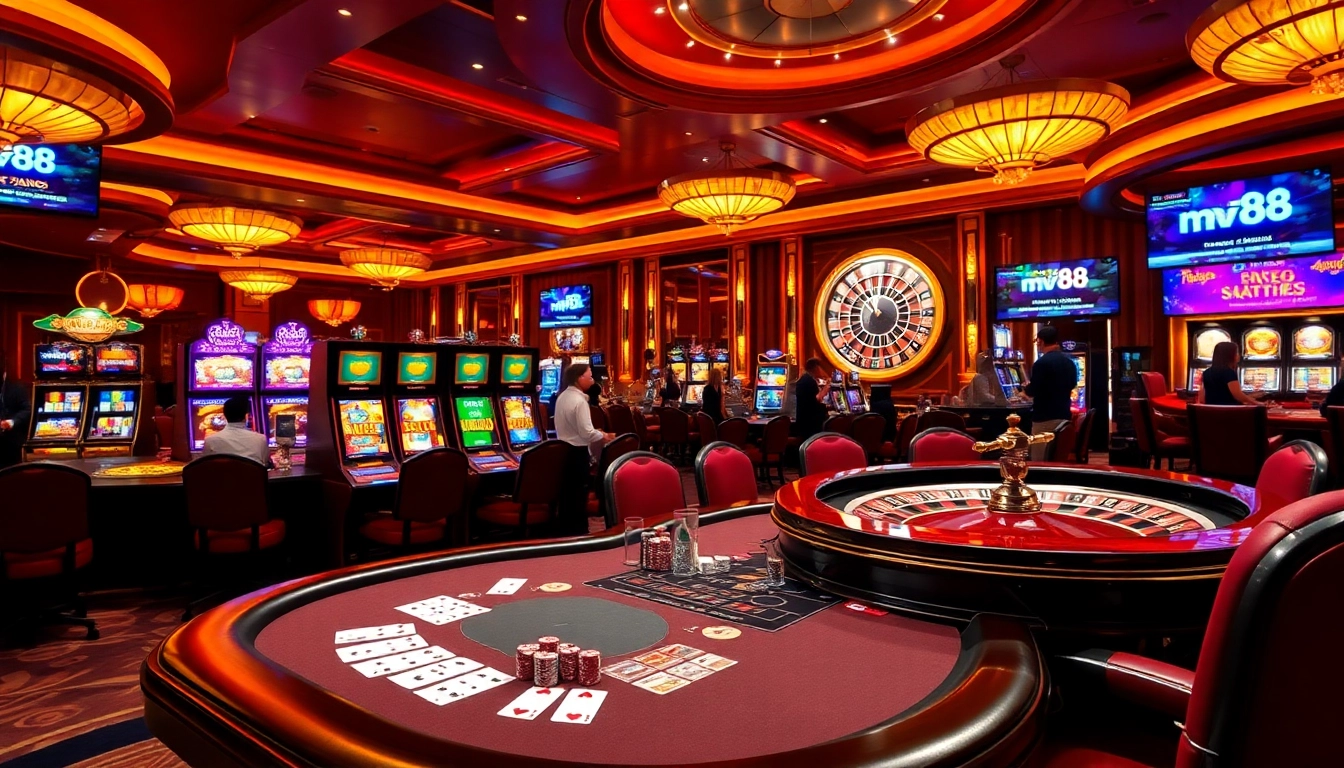A dynamic casino scene highlighting mv88 gaming excitement with poker tables, slot machines, and roulette wheels.