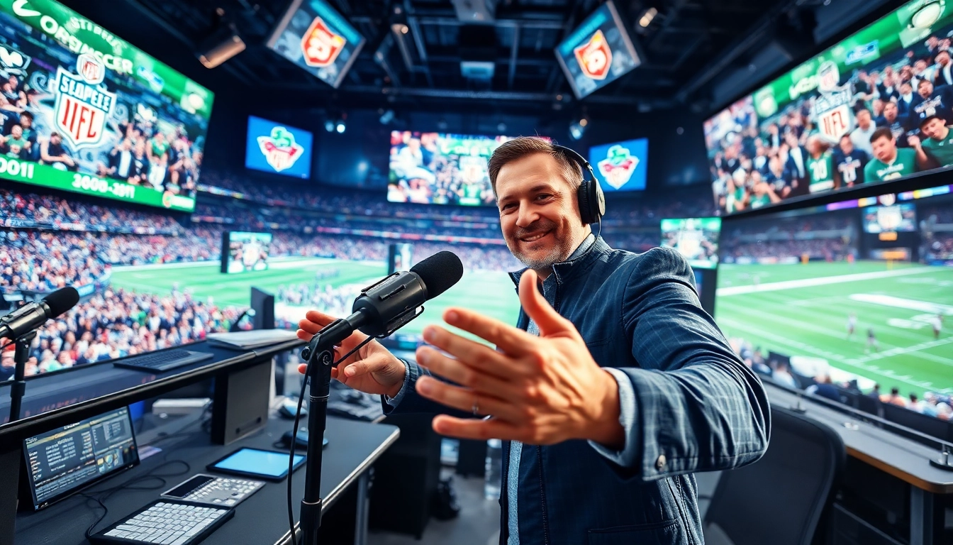 Sports broadcasting announcer engaging with live footage and vibrant team logos in a dynamic studio.